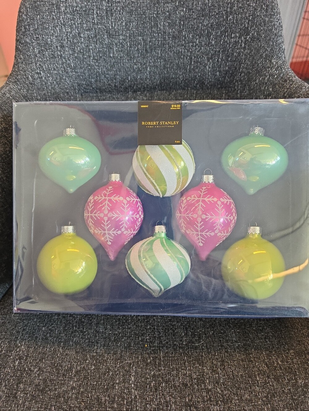 NIB Robert Stanley Set Of 8 Glass Tree Christmas Ornaments Green & Pink Retro